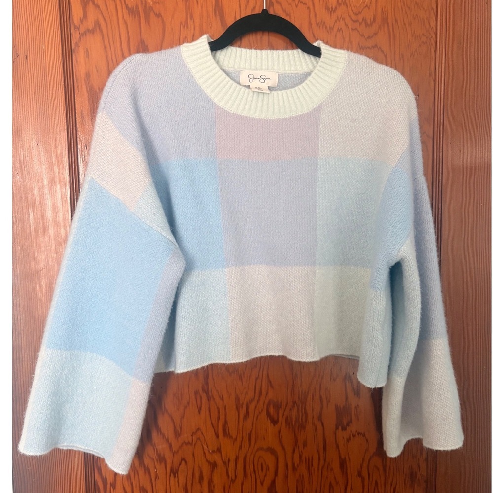 Jessica Simpson Pastel Colorblock Check Cropped Sweater Blue Purple Medium